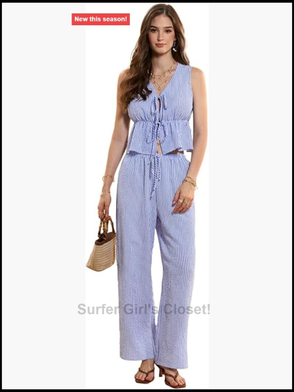 2 Piece Outfits Striped Bow Tie Front Peplum Top and Pant Set